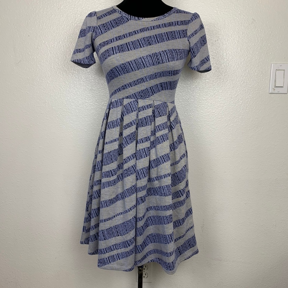 Lularoe‎ Amelia Blue Gray Yellow Stripes Dress